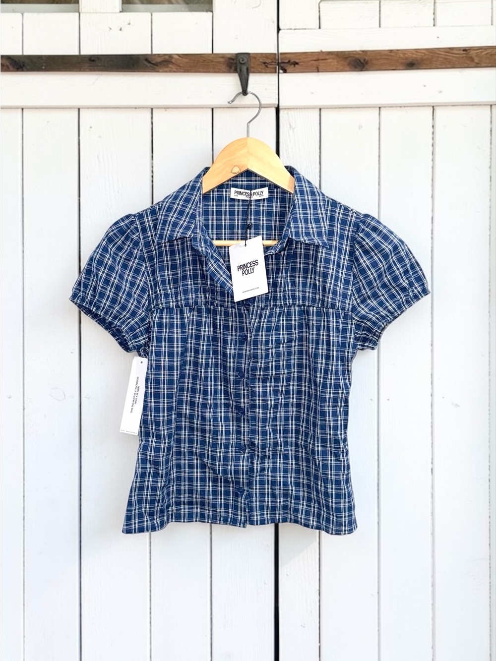 Princess Polly NWT Separate Scenes Button Up Blue Plaid Blouse Size 4 - Picture 6 of 6